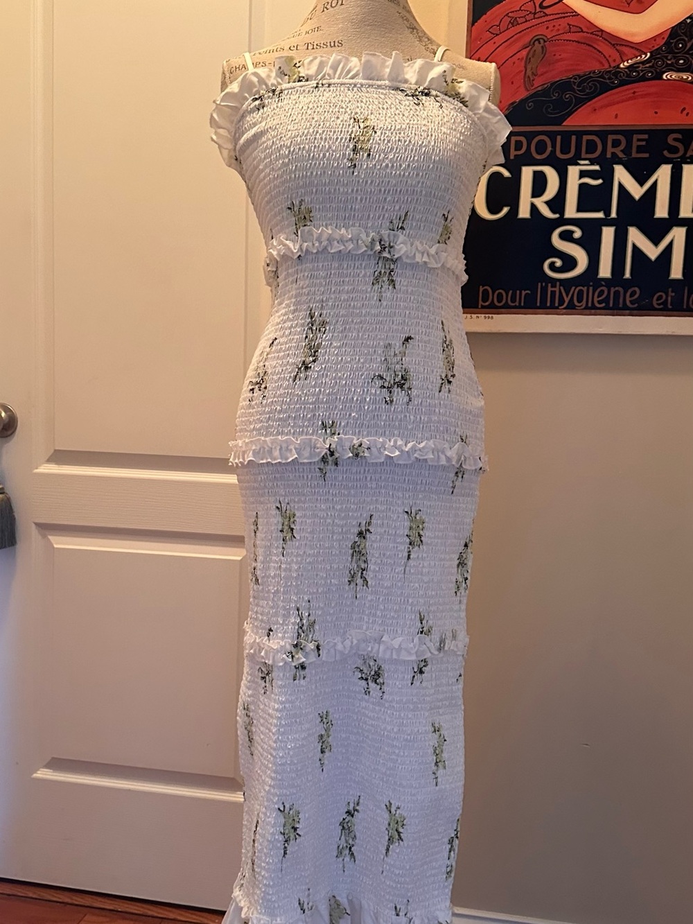Strapless White Smocked Floral Maxi Dress